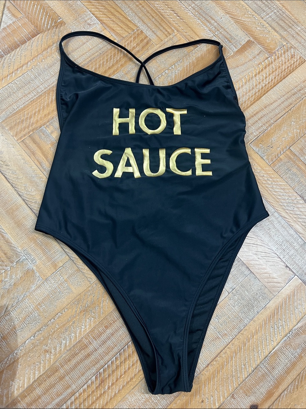 Forever21 Black "HOT SAUCE" One-Piece Swimsuit with Gold Lettering